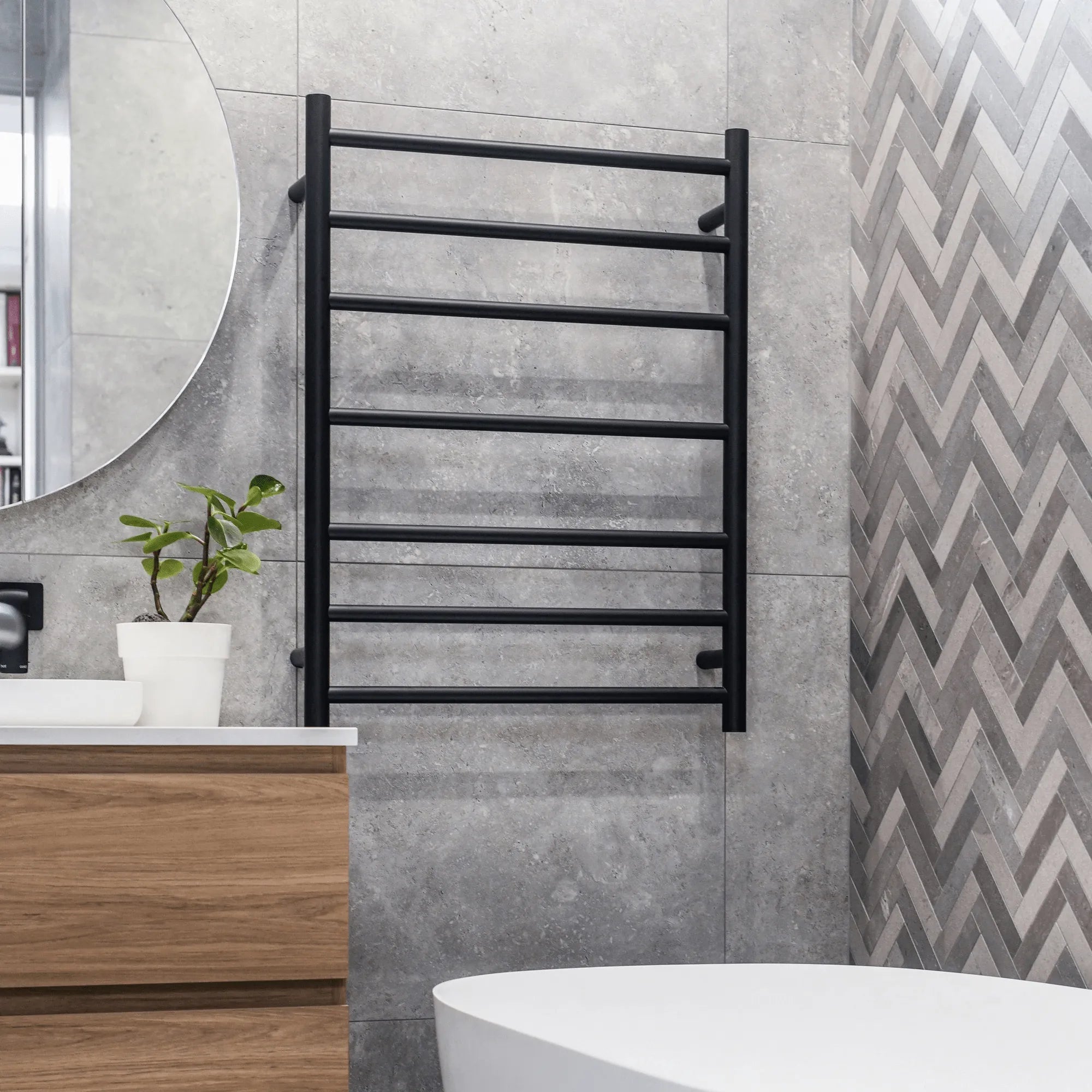 THERMORAIL - SR4412B 12Volt Matt Black Round Heated Ladder Rail-Heated Towel Rails-from our-THERMORAIL-supplier–available at Bathroom City Perth