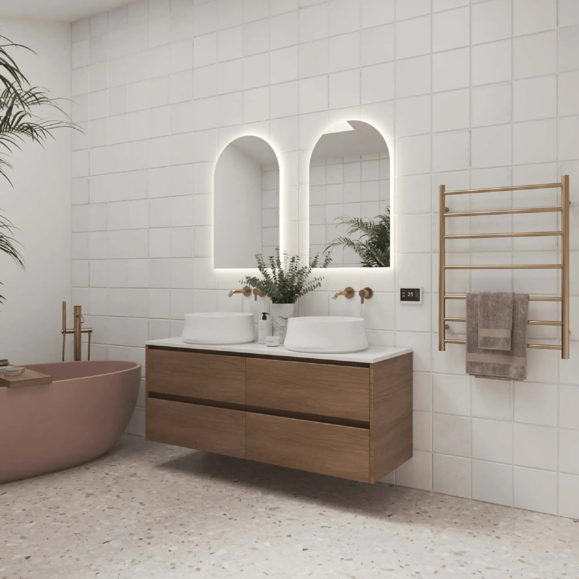 THERMORAIL - SR44MBB Brushed Brass Round Ladder Heated Towel Rail-Heated Towel Rails-from our-THERMORAIL-supplier–available at Bathroom City Perth