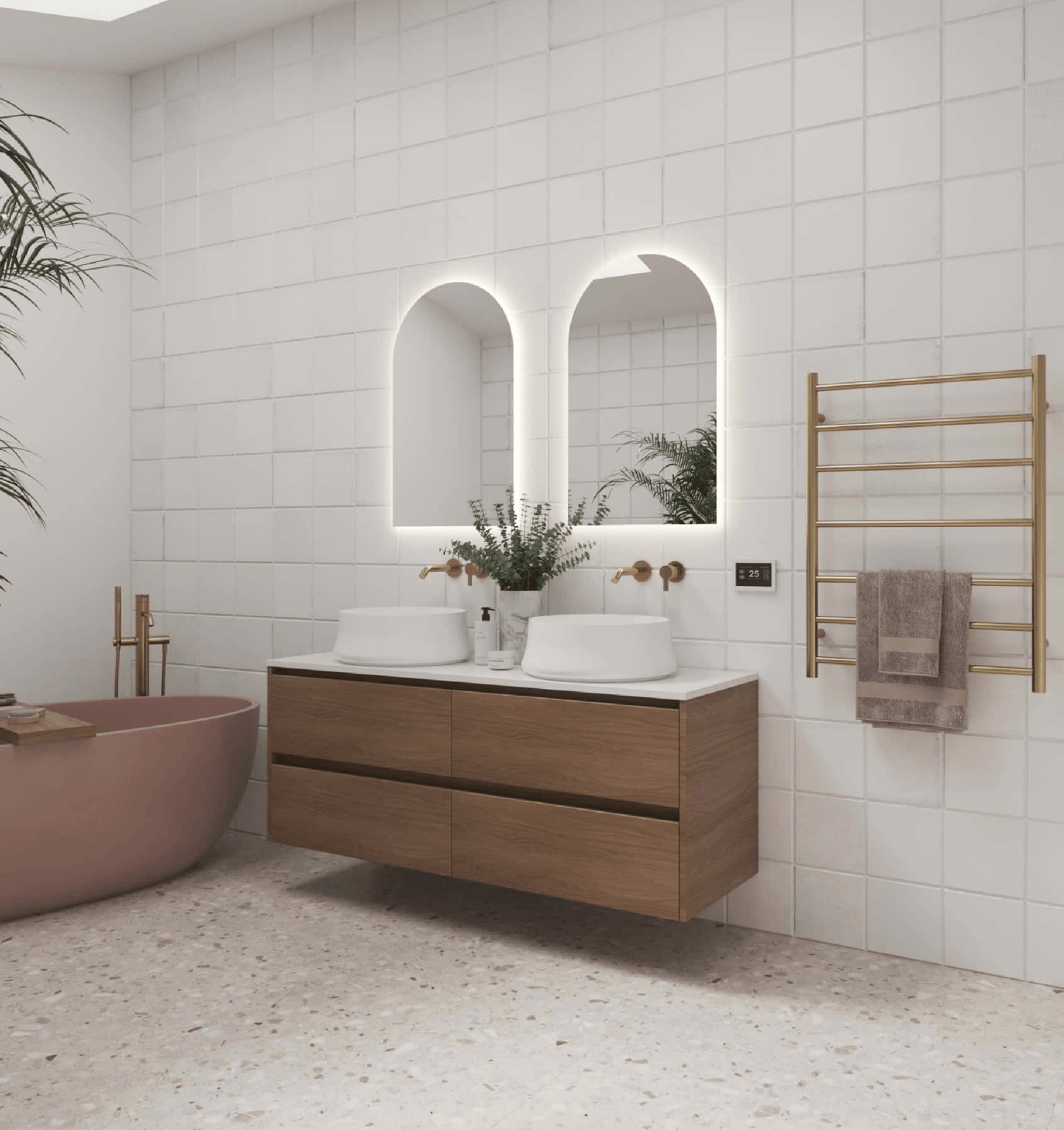 THERMORAIL - SR44MBB Brushed Brass Round Ladder Heated Towel Rail - Heated Towel Rails - from our - THERMORAIL - supplier–available at Bathroom City Perth