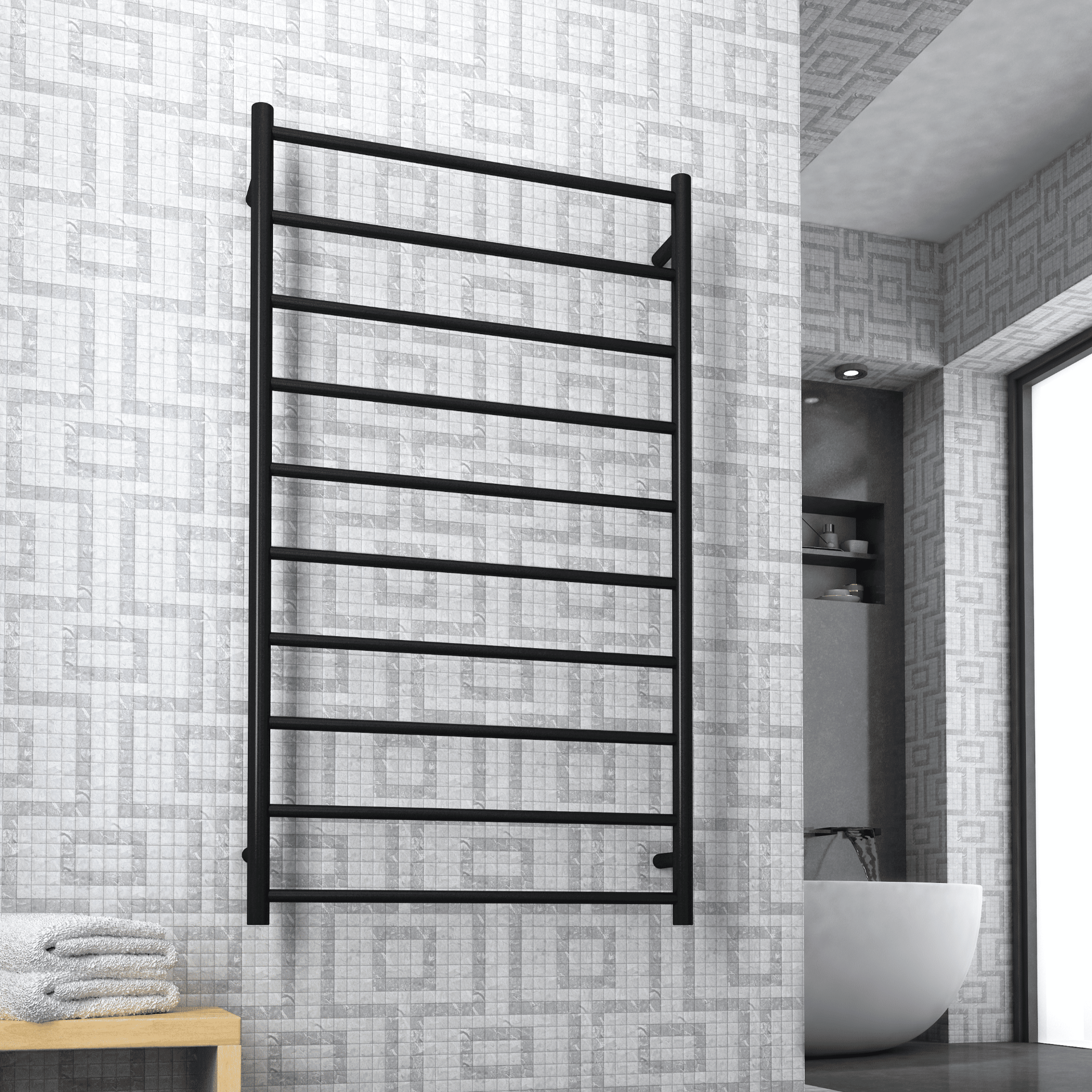 THERMORAIL - SR69MB Matt Black Straight Round Heated Ladder RailHeated Towel Rails – available at Bathroom City Perth