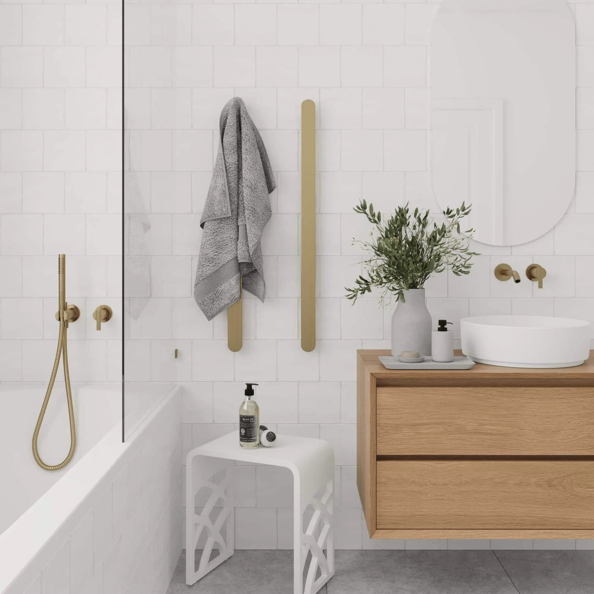 THERMORAIL - VP900BB Brushed Brass Flat Pill 12V Vertical Single Heated Towel Rail-Heated Towel Rails-from our-THERMORAIL-supplier–available at Bathroom City Perth