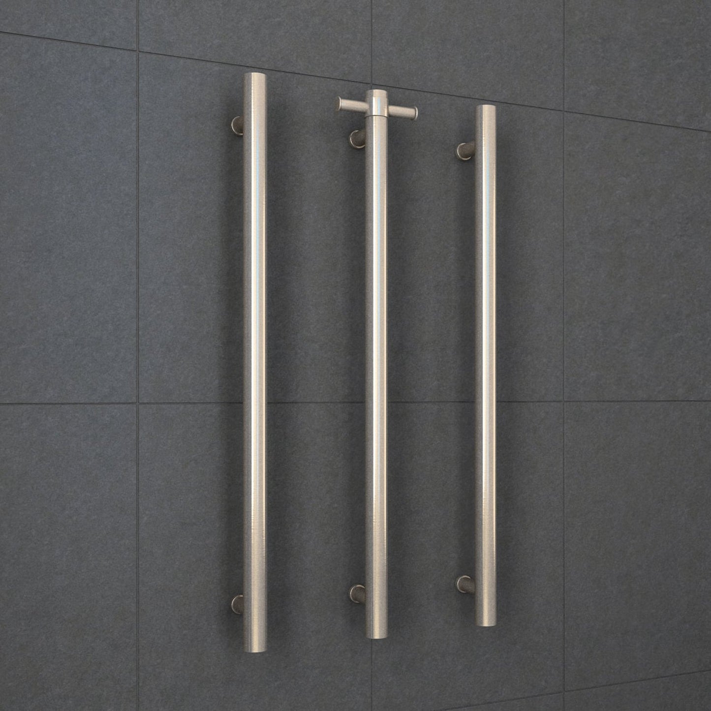 THERMORAIL - VS900HBN Brushed Nickel Straight Round Vertical Single Heated Towel RailHeated Towel Rails – available at Bathroom City Perth