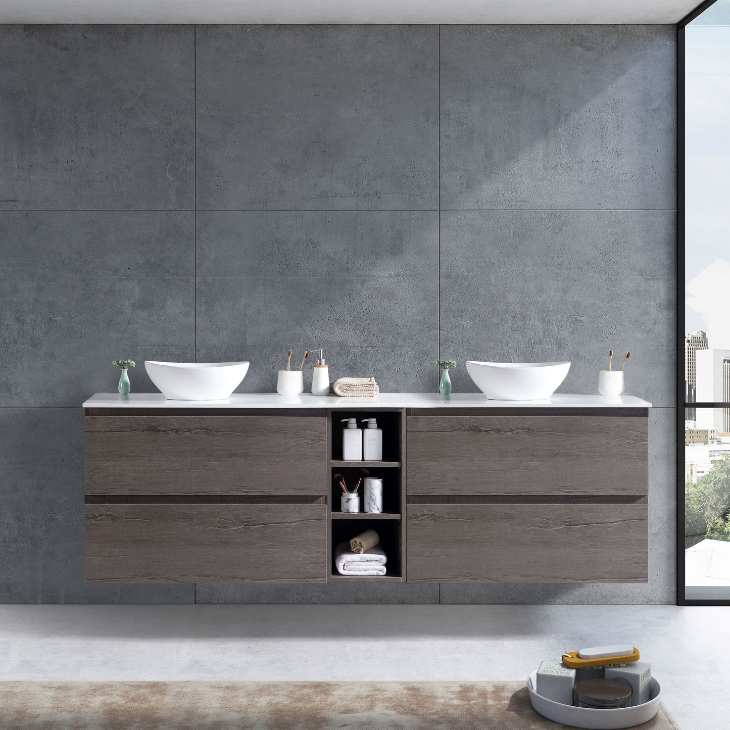 MELA - CLARK 1500 Dracula Oak Wall Hung Vanity with 4 Drawers and Shelves