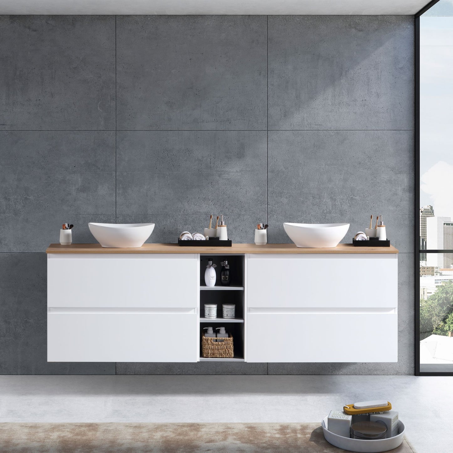 MELA - CLARK 1500 Gloss White Wall Hung Vanity with 4 Drawers and Shelves