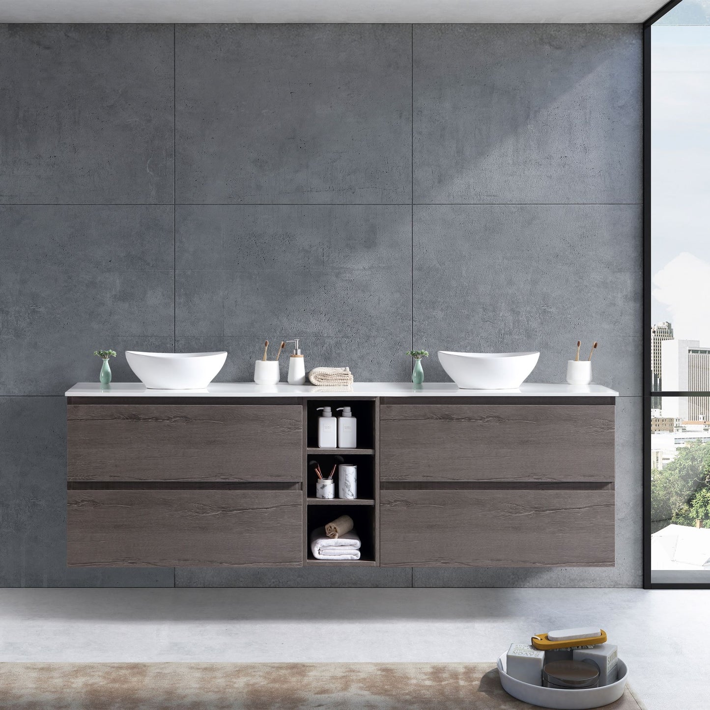 MELA - CLARK 1800 Dracula Oak Wall Hung Vanity with 4 Drawers and Shelves