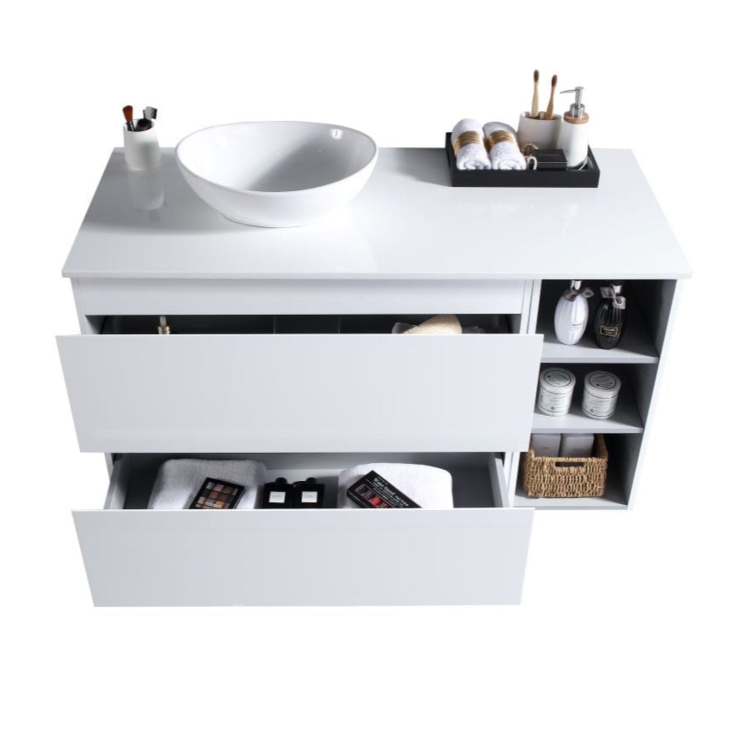 MELA - CLARK 1050 Gloss White Wall Hung Vanity with 2 Drawers and Open ShelvesVanities – available at Bathroom City Perth