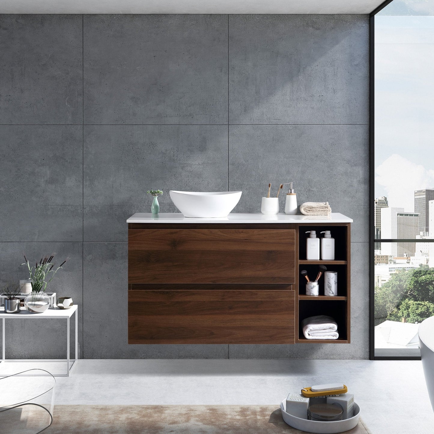 MELA - CLARK 1050 Walnut Wall Hung Vanity with 2 Drawers and Open ShelvesVanities – available at Bathroom City Perth