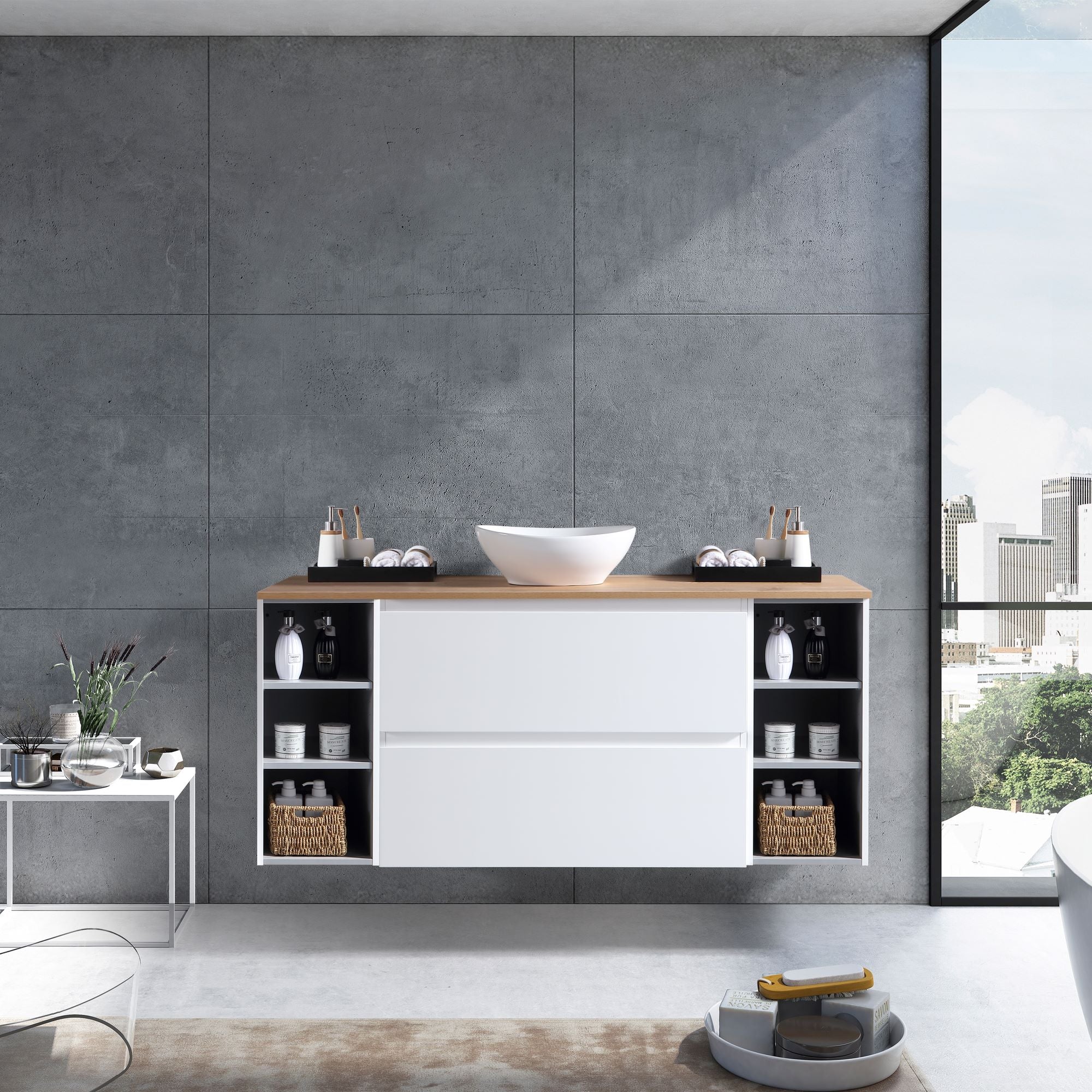 MELA - CLARK 1350 Gloss White Wall Hung Vanity with 2 Drawers and 2 Open ShelvesVanities – available at Bathroom City Perth