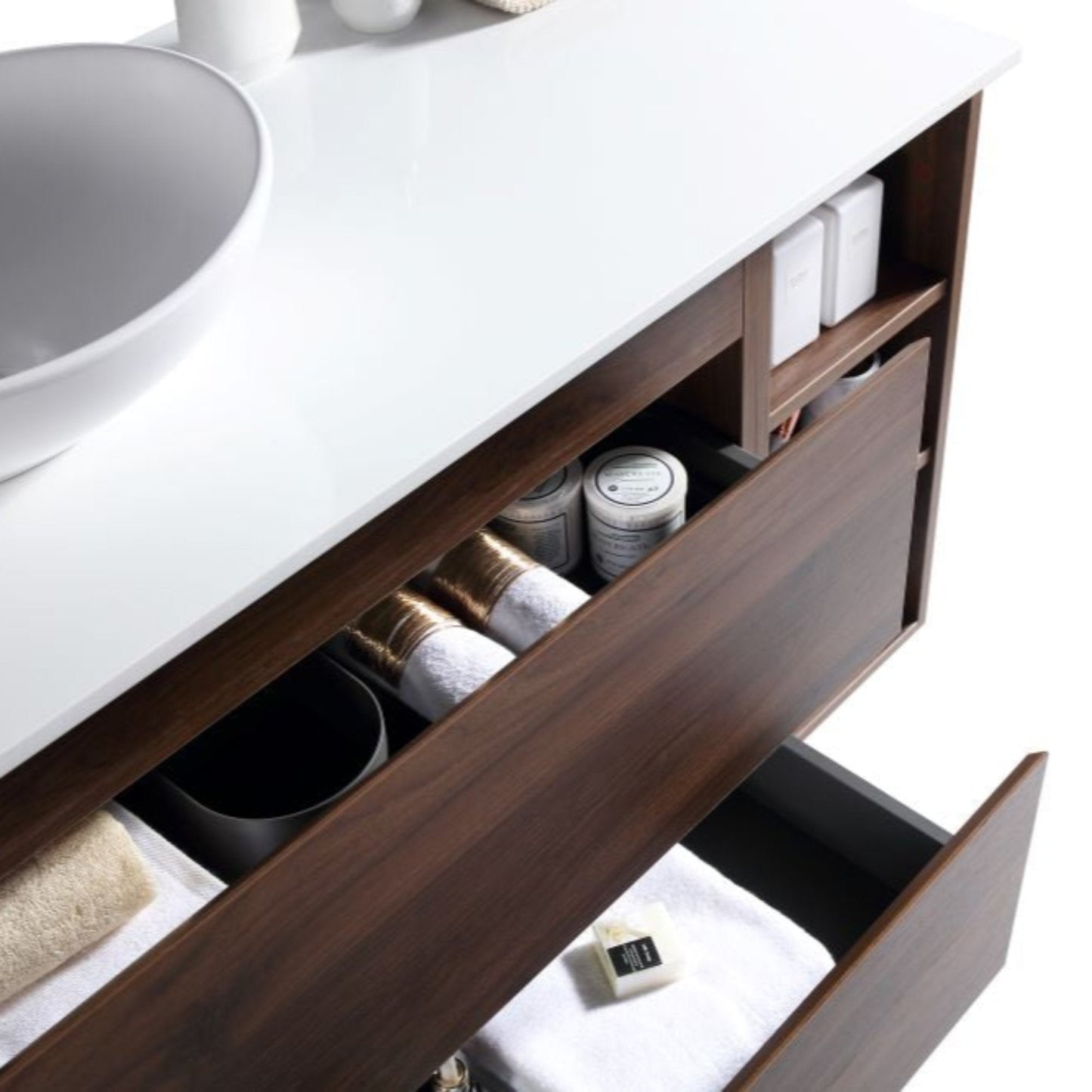 MELA - CLARK 900 Walnut Wall Hung Vanity with 2 Drawers and Open ShelvesVanities – available at Bathroom City Perth