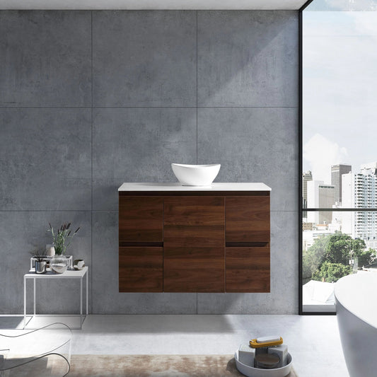 MELA - PADDY 1200 Walnut Wall Hung Vanity with Door & DrawersVanities – available at Bathroom City Perth