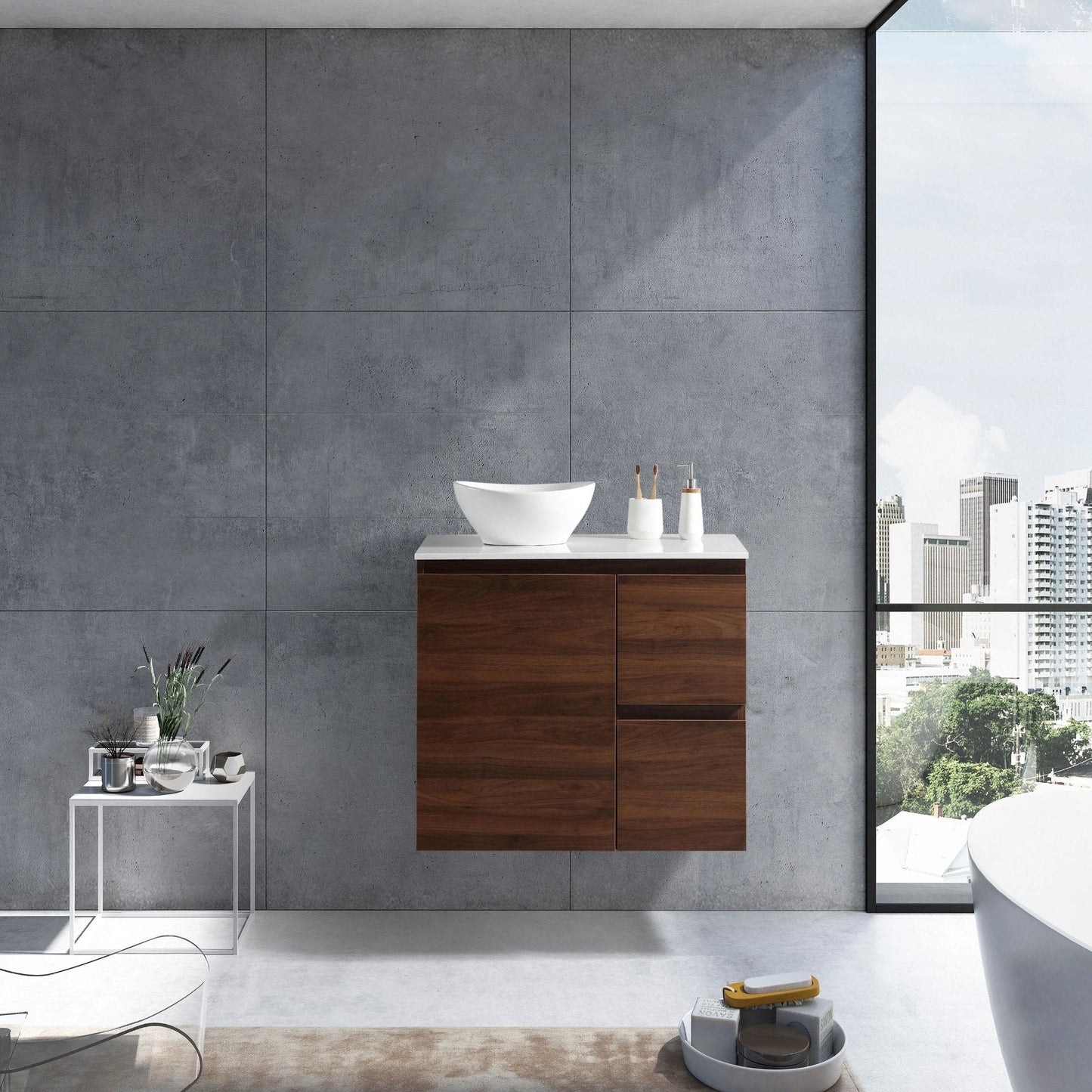 MELA - PADDY 900 Walnut Wall Hung Vanity with Door & DrawersVanities – available at Bathroom City Perth