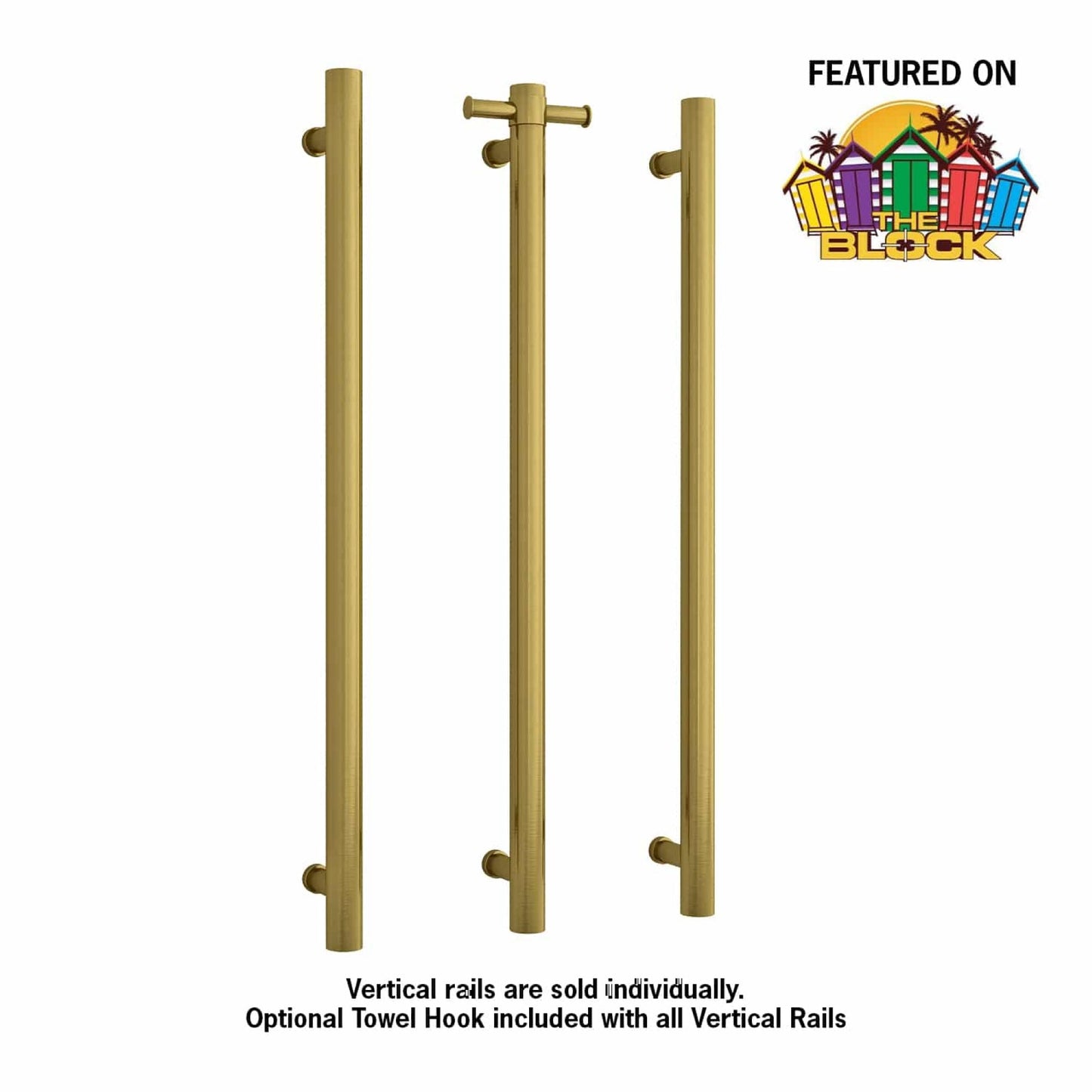 THERMORAIL - VS900HBG Brushed Gold Round Vertical Single Heated Towel RailHeated Towel Rails – available at Bathroom City Perth