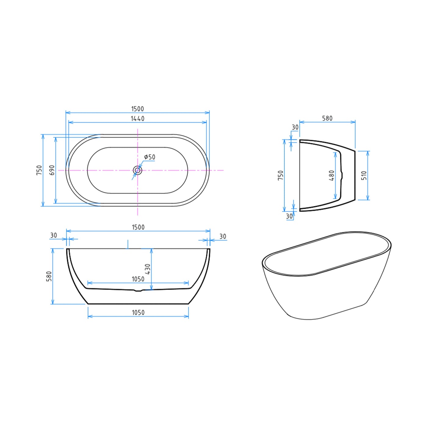 MELA - FELLI Free Standing Bath 1500mm