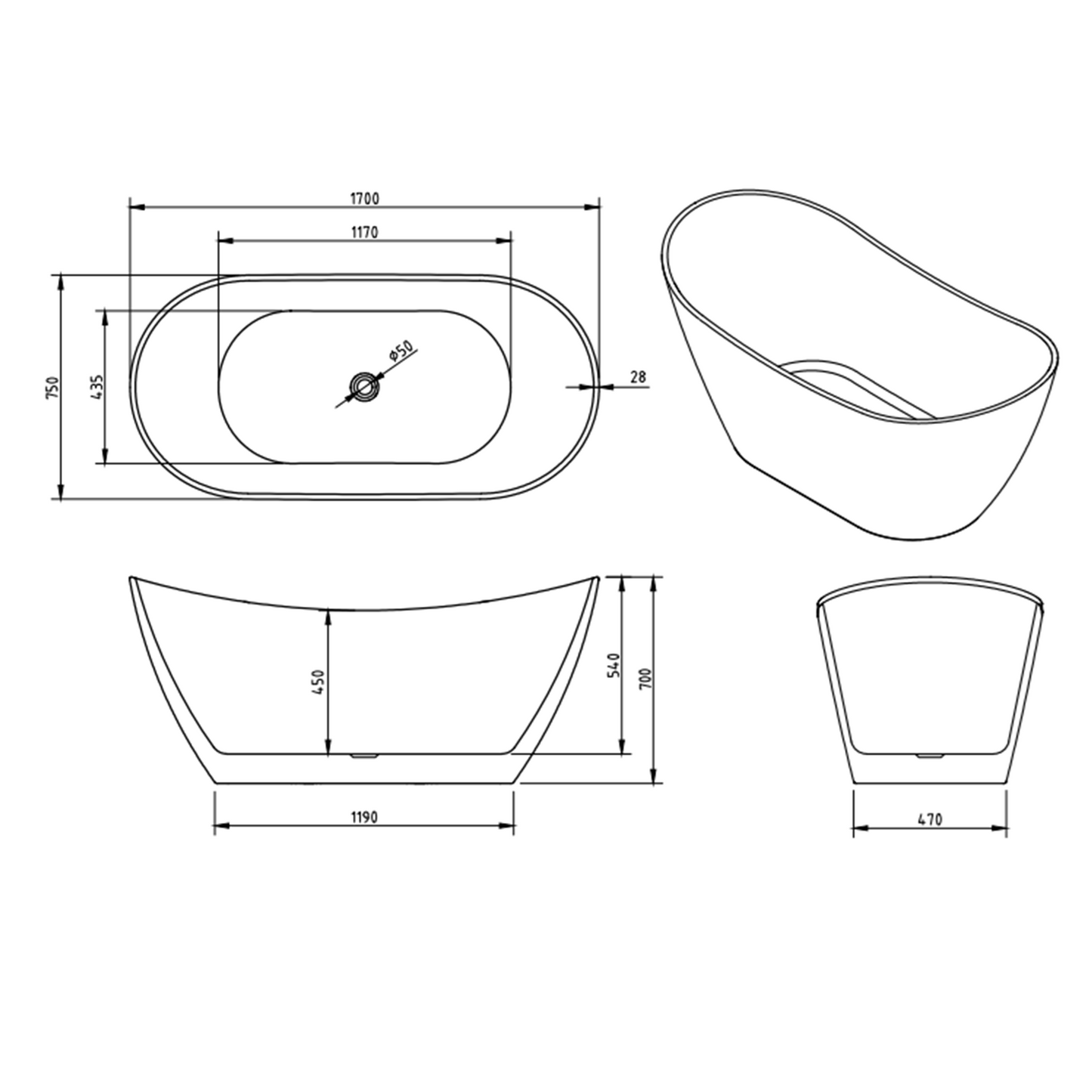 MELA - TAYLOR 1700 High Back Free Standing Bath