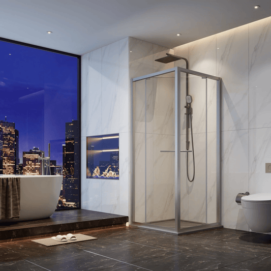 ALPINE - Rolling Door and Return Stainless Steel Brushed 1000x1000mm - Shower Screen - from our - Alpine - supplier–available at Bathroom City Perth