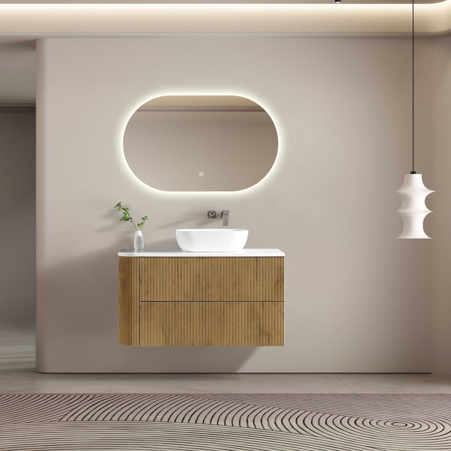 MELA - BRITTANY 1050 Oak Fluted One Side Curved Wall Hung Vanity with 2 Drawers