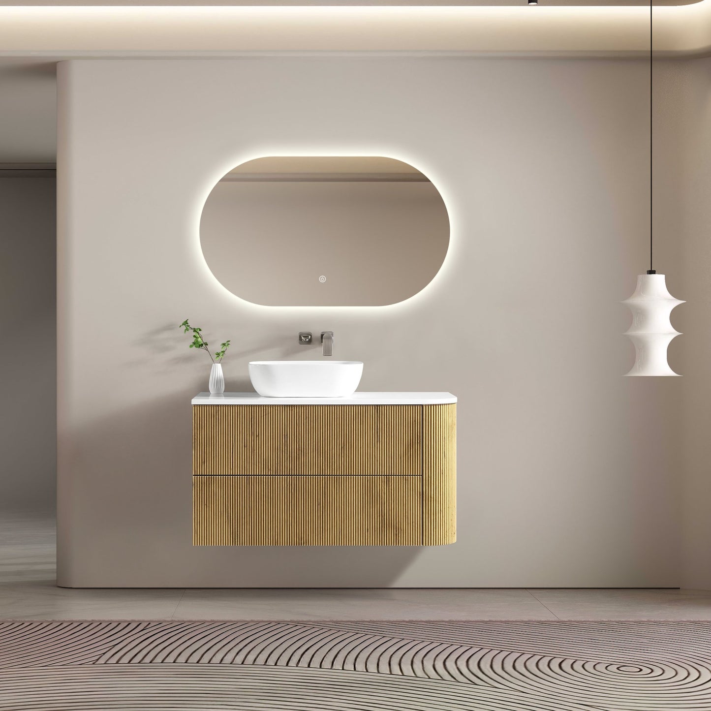 MELA - BRITTANY 1050 Oak Fluted One Side Curved Wall Hung Vanity with 2 Drawers