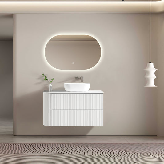 MELA - BRITTANY 1050 Matt White Fluted One Side Curved Wall Hung Vanity with 2 Drawers