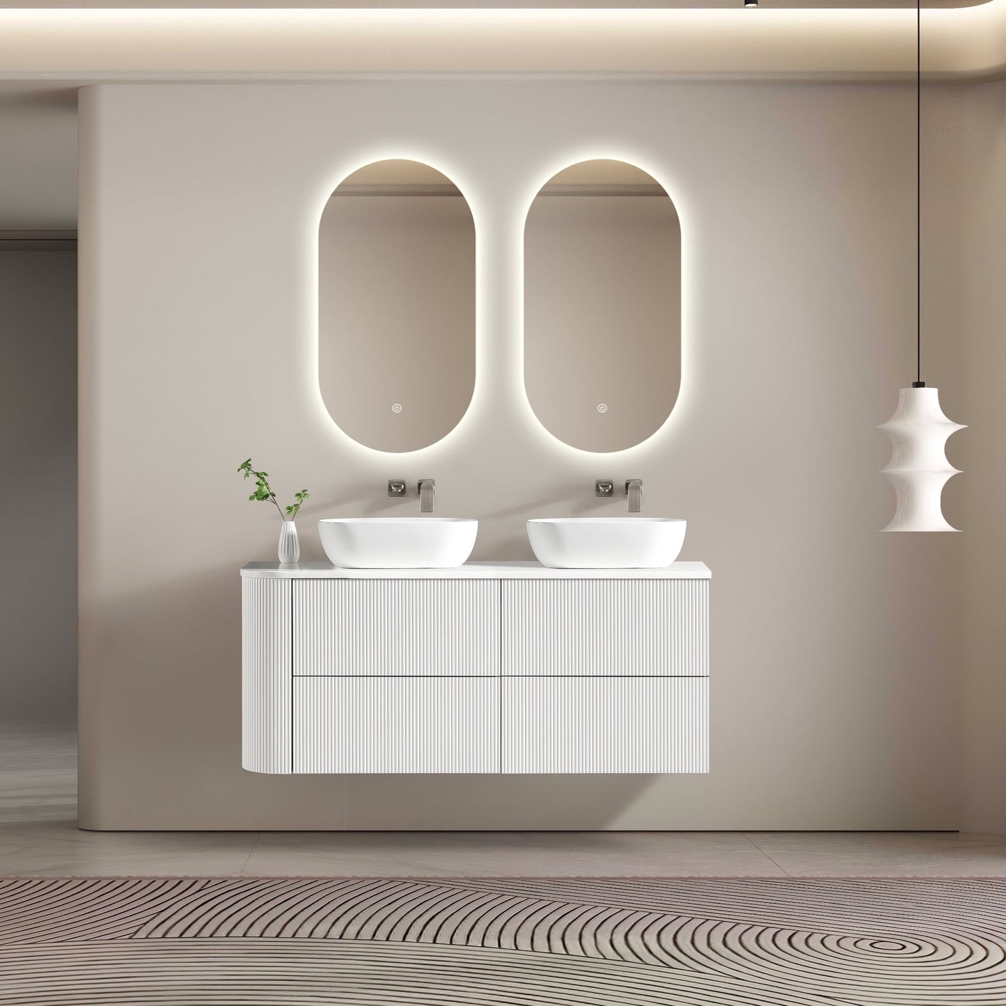 MELA - BRITTANY 1350 Matt White Fluted One Side Curved Wall Hung Vanity with 4 Drawers