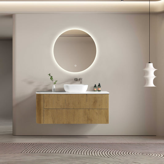 MELA - BRITTANY 1350 Oak Fluted One Side Curved Wall Hung Vanity with 2 Drawers