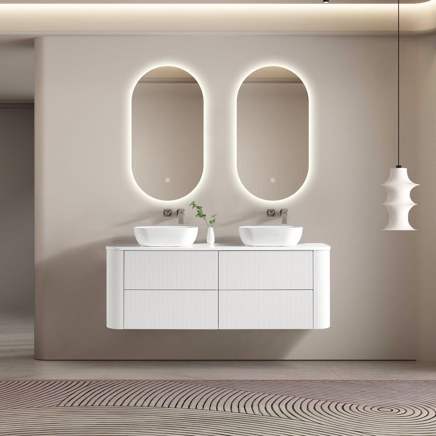 MELA - BRITTANY 1500 Matt White Fluted Curved Wall Hung Vanity with 4 Drawers