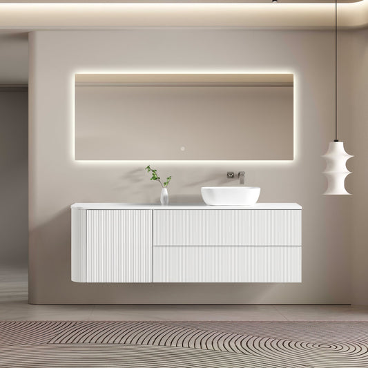 MELA - BRITTANY 1800 Matt White Fluted One Side Curved Wall Hung Vanity with Door & 2 Drawers