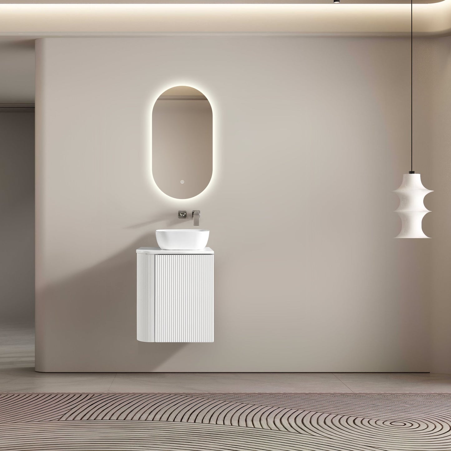 MELA - BRITTANY 450 Matt White Fluted One Side Curved Wall Hung Vanity with Cupboard