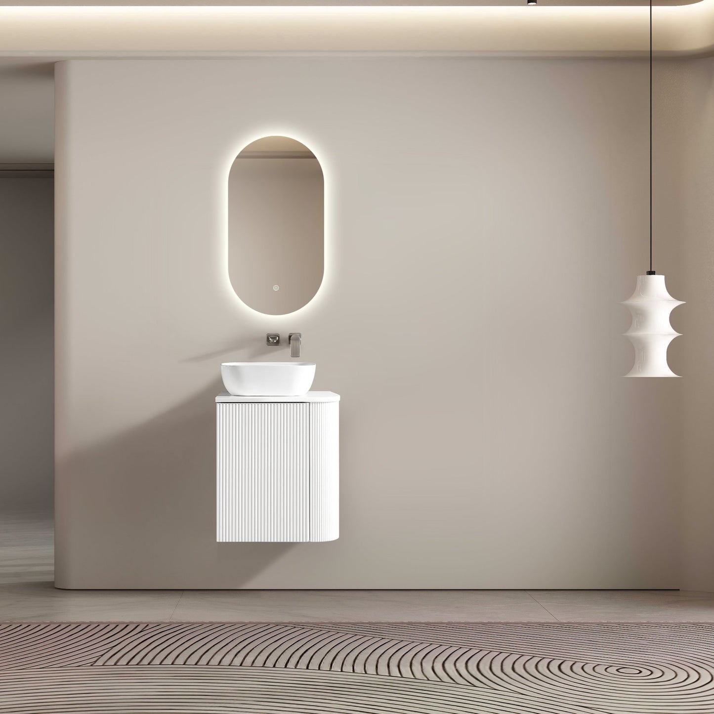 MELA - BRITTANY 450 Matt White Fluted One Side Curved Wall Hung Vanity with Cupboard