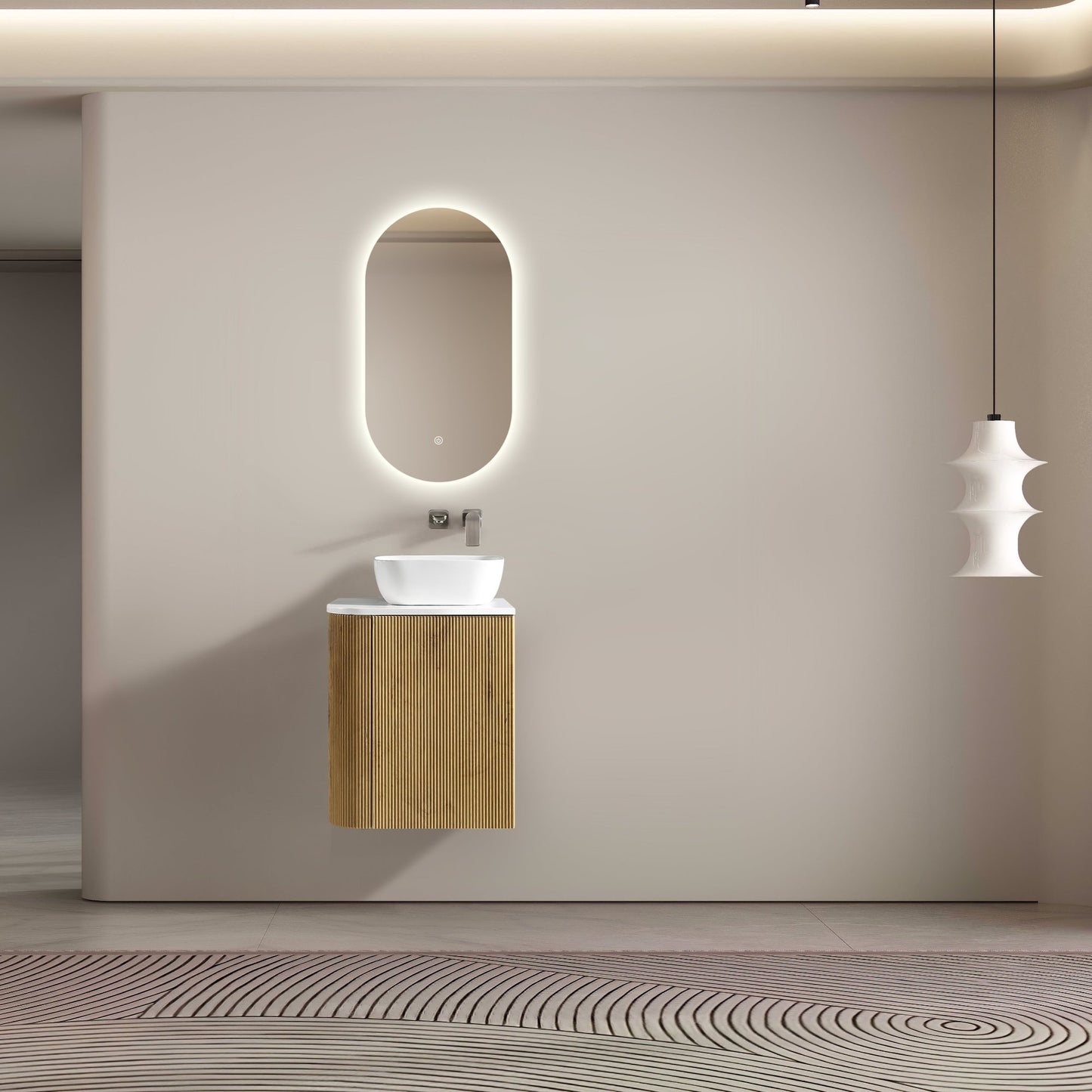 MELA - BRITTANY 450 Oak Fluted One Side Curved Wall Hung Vanity with Cupboard