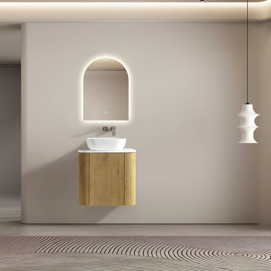 MELA - BRITTANY 600 Oak Fluted Curved Wall Hung Vanity with Cupboard