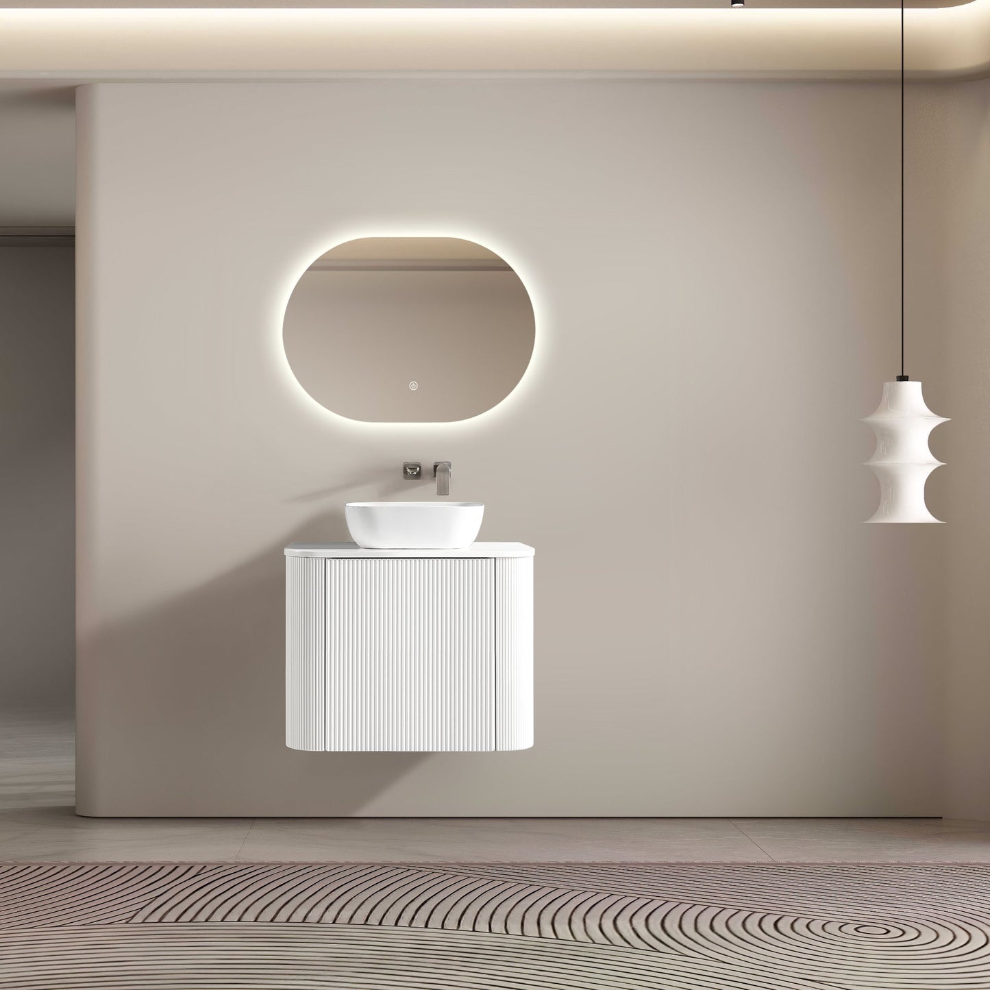 MELA - BRITTANY 750 Matt White Fluted Curved Wall Hung Vanity with Cupboard