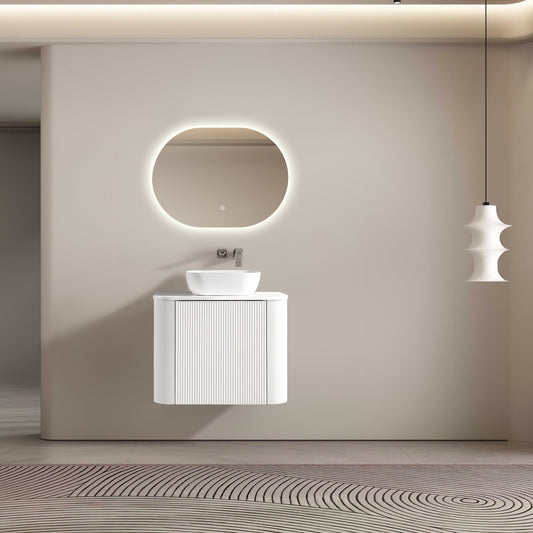 MELA - BRITTANY 750 Matt White Fluted Curved Wall Hung Vanity with Cupboard
