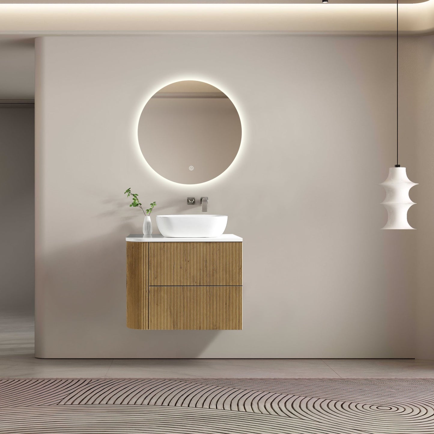 MELA - BRITTANY 750 Oak Fluted One Side Curved Wall Hung Vanity with 2 Drawers