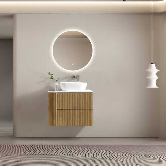 MELA - BRITTANY 750 Oak Fluted One Side Curved Wall Hung Vanity with 2 Drawers