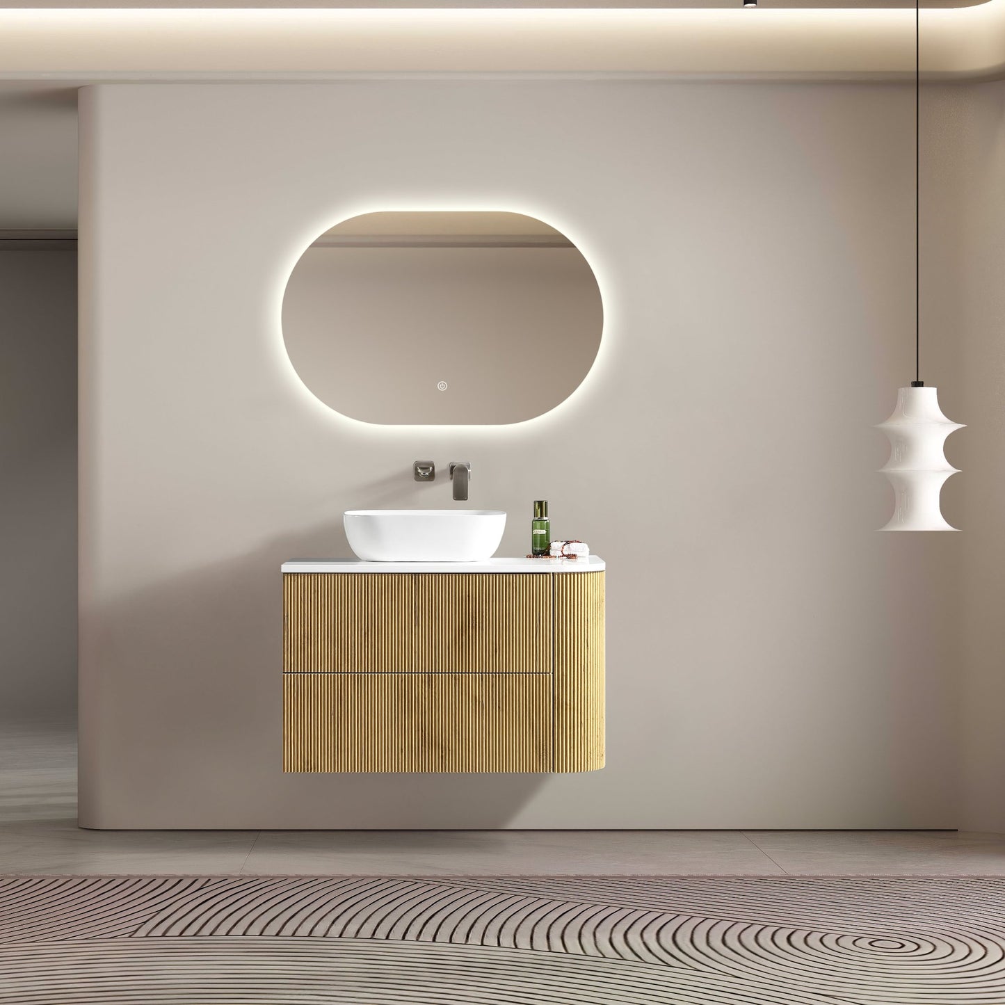 MELA - BRITTANY 900 Oak Fluted One Side Curved Wall Hung Vanity with 2 Drawers