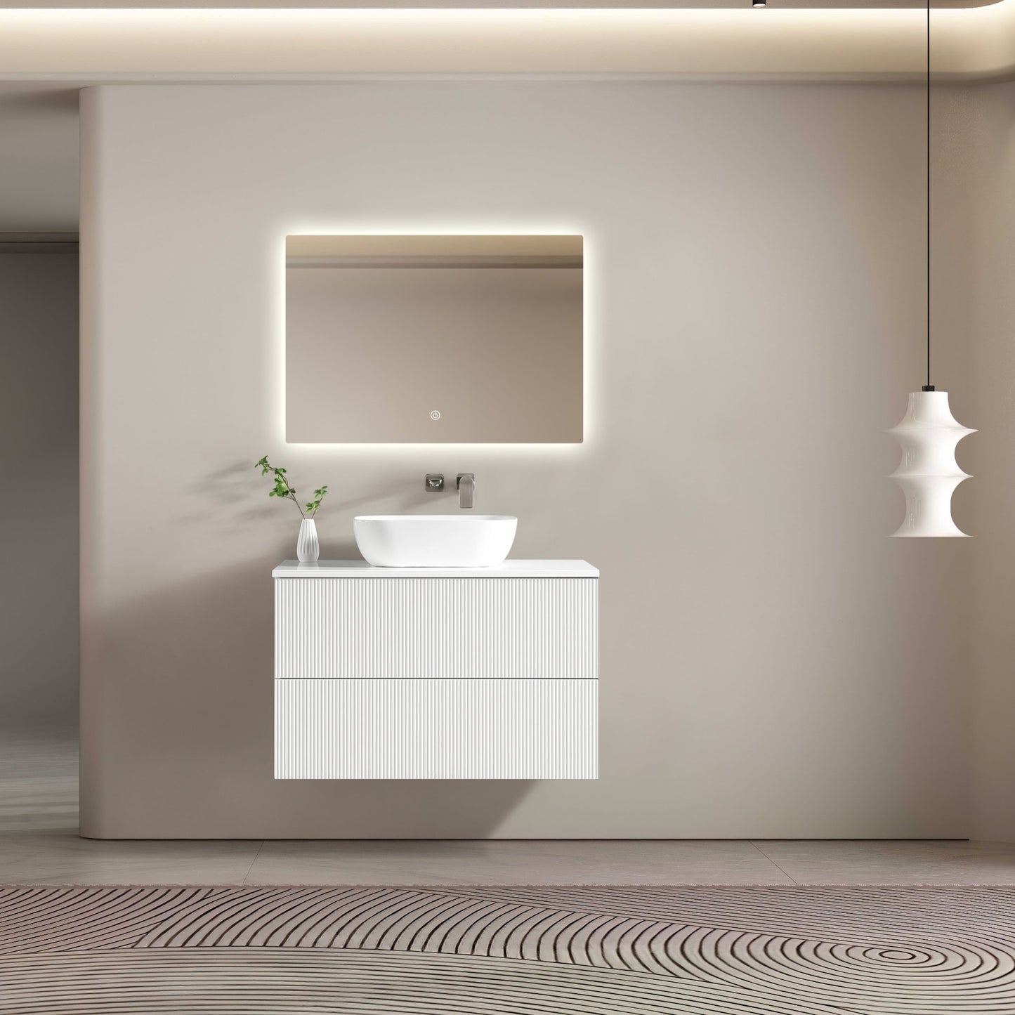 MELA - BRITTANY 900 Matt White Fluted Wall Hung Vanity with 2 Drawers