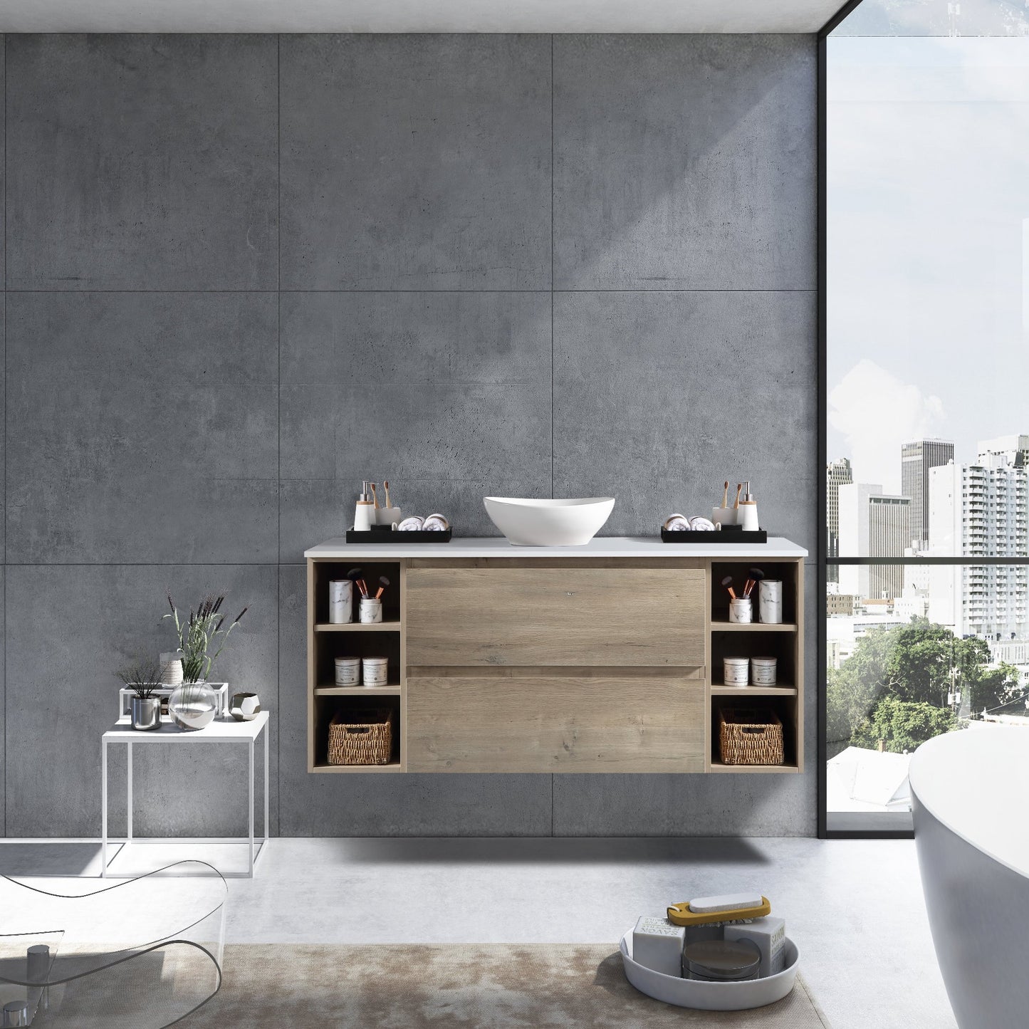 MELA - CLARK 1500 Sorrento Oak Wall Hung Vanity with 2 Drawers and 2 Open Shelves