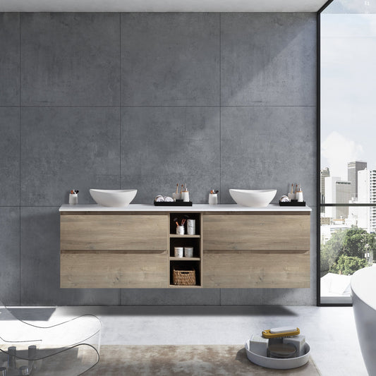MELA - CLARK 1500 Sorrento Oak Wall Hung Vanity with 4 Drawers and Open Shelves