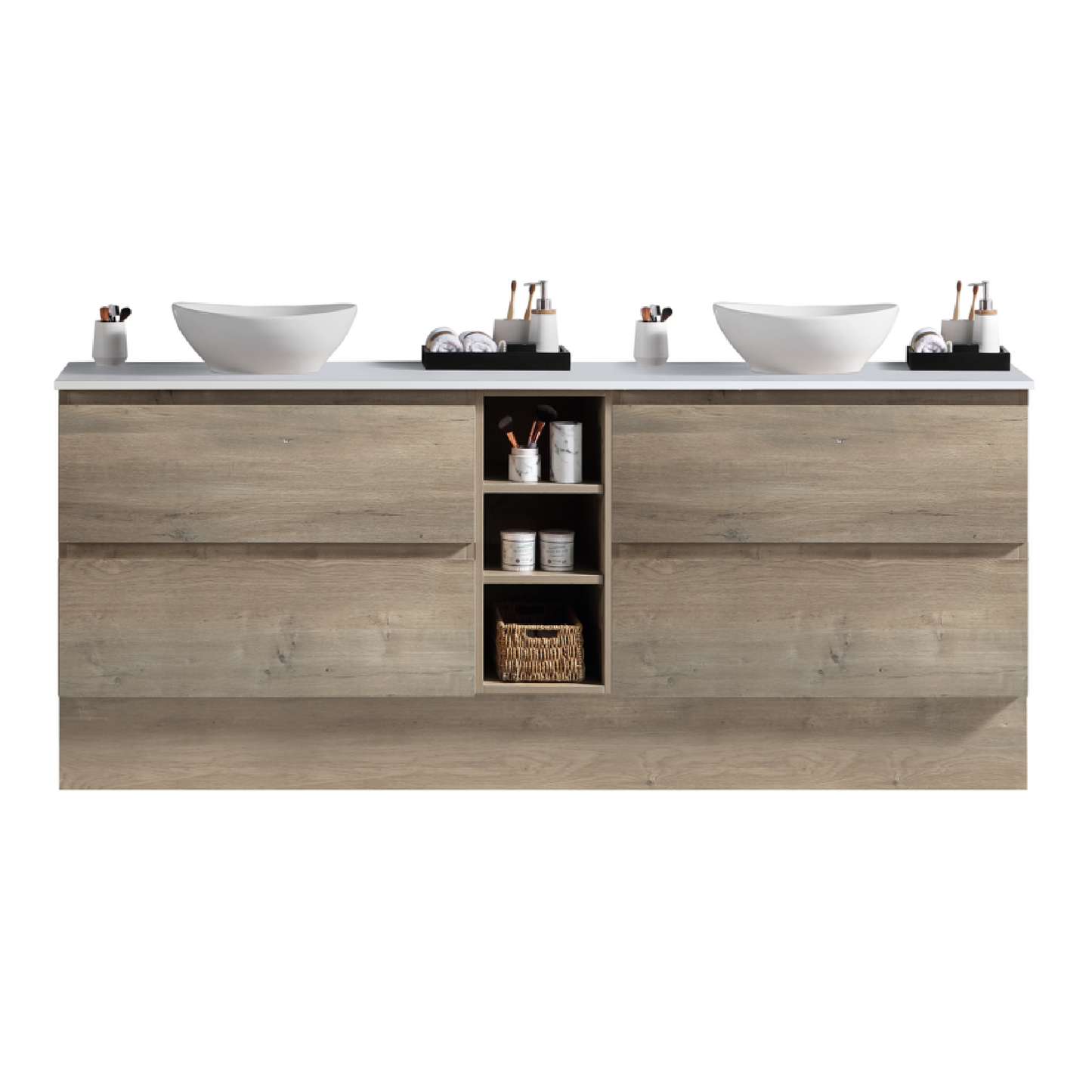 MELA - CLARK 1500 Sorrento Oak Wall Hung Vanity with 4 Drawers and Open Shelves