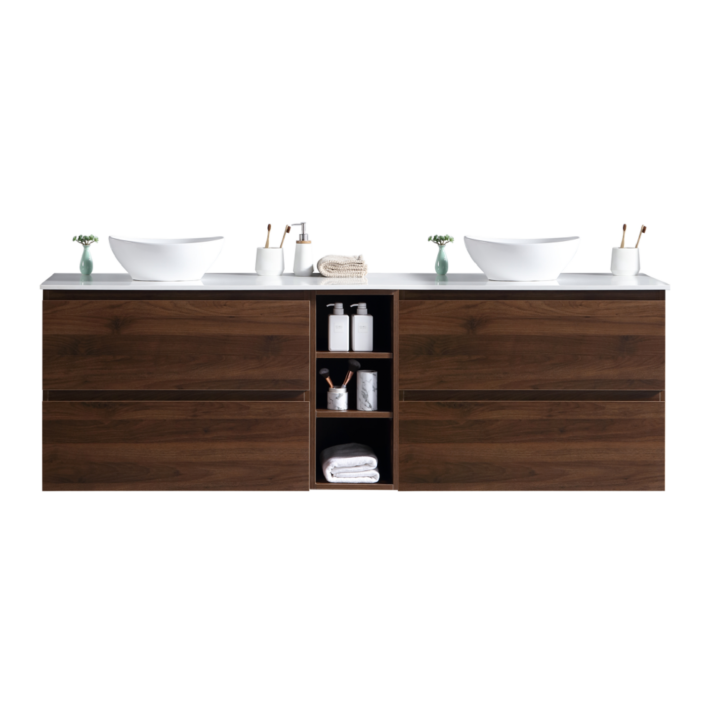 MELA - CLARK 1800 Walnut Wall Hung Vanity with 4 Drawers and Open Shelves