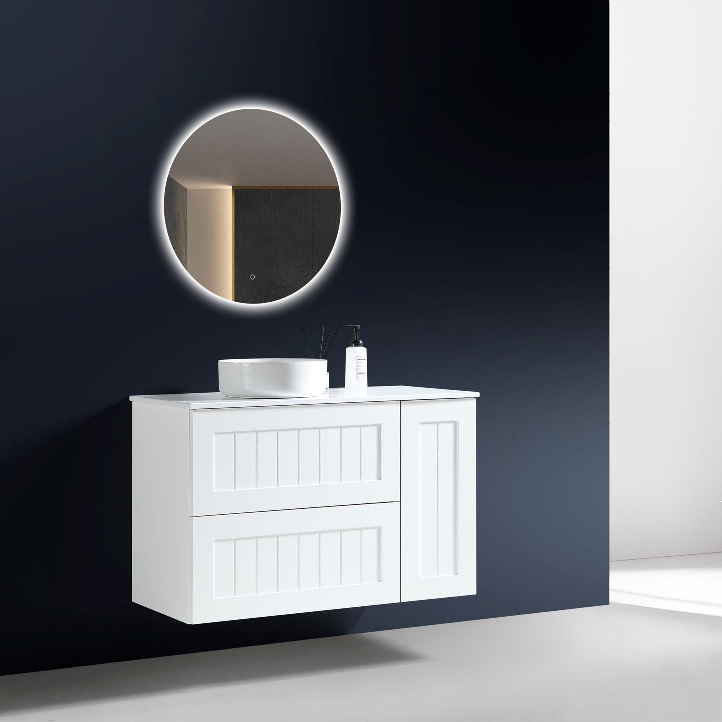 MELA - HAMPTON 1050 Matt White Wall Hung Vanity with Door & Drawers
