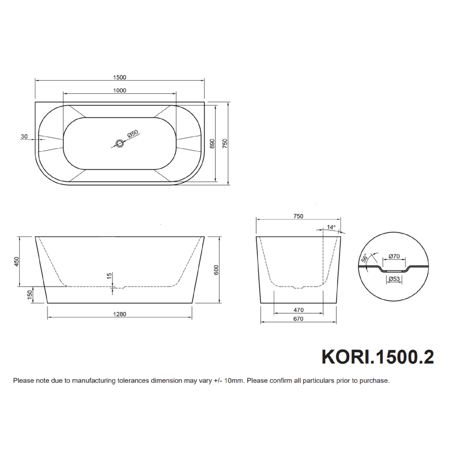 MELA - KORI 1500 Back to Wall Free Standing Bath