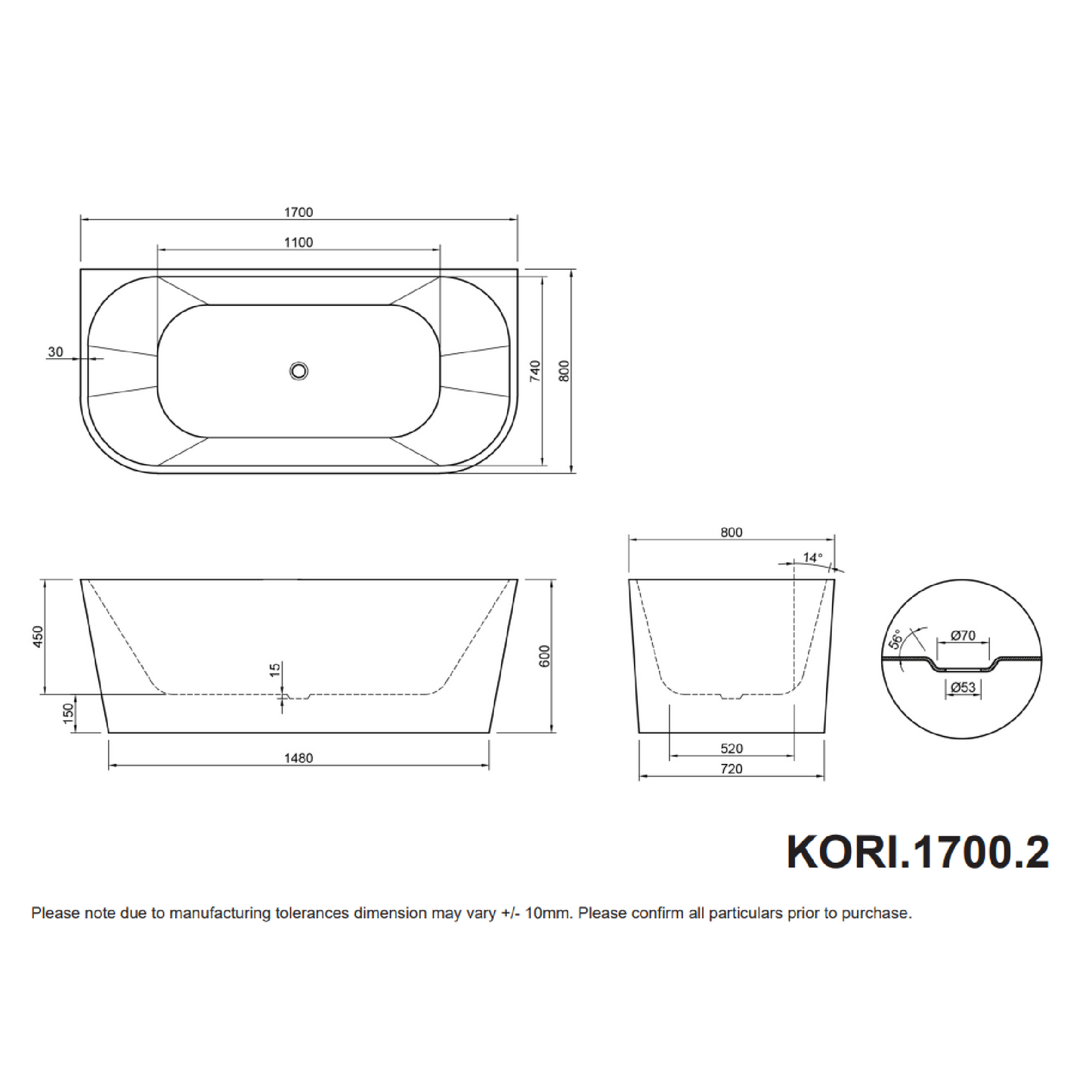 MELA - KORI 1700 Back to Wall Free Standing Bath
