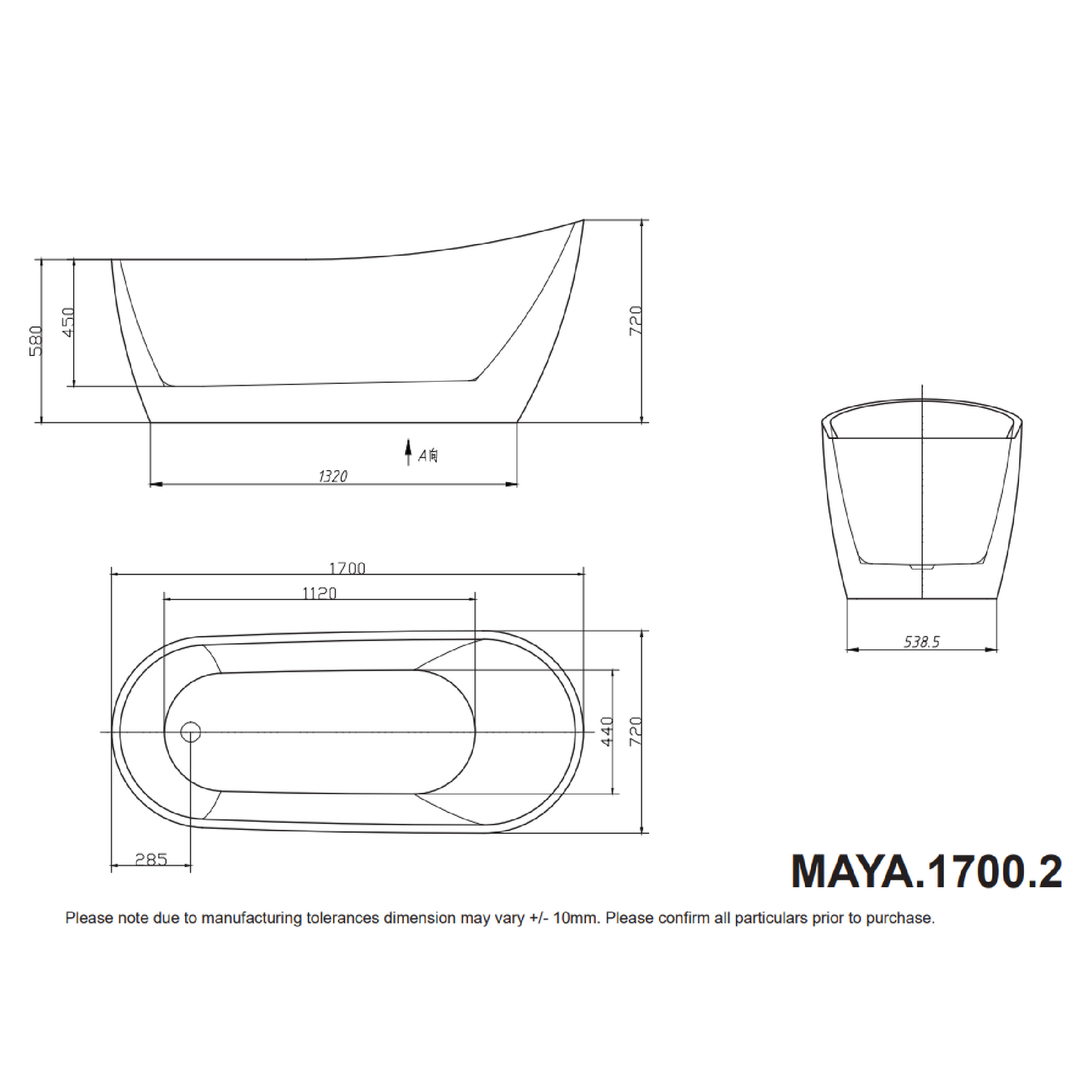 MELA - MAYA 1700 High Back Free Standing Bath