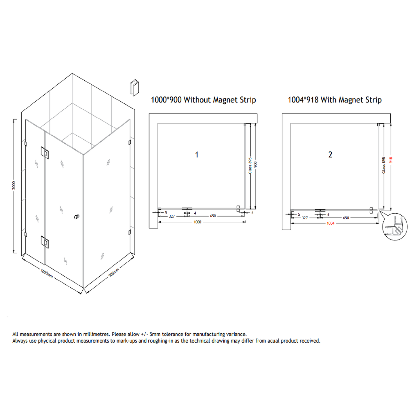 MELA - MORRIS 900x1000mm Frameless Corner Shower Screen