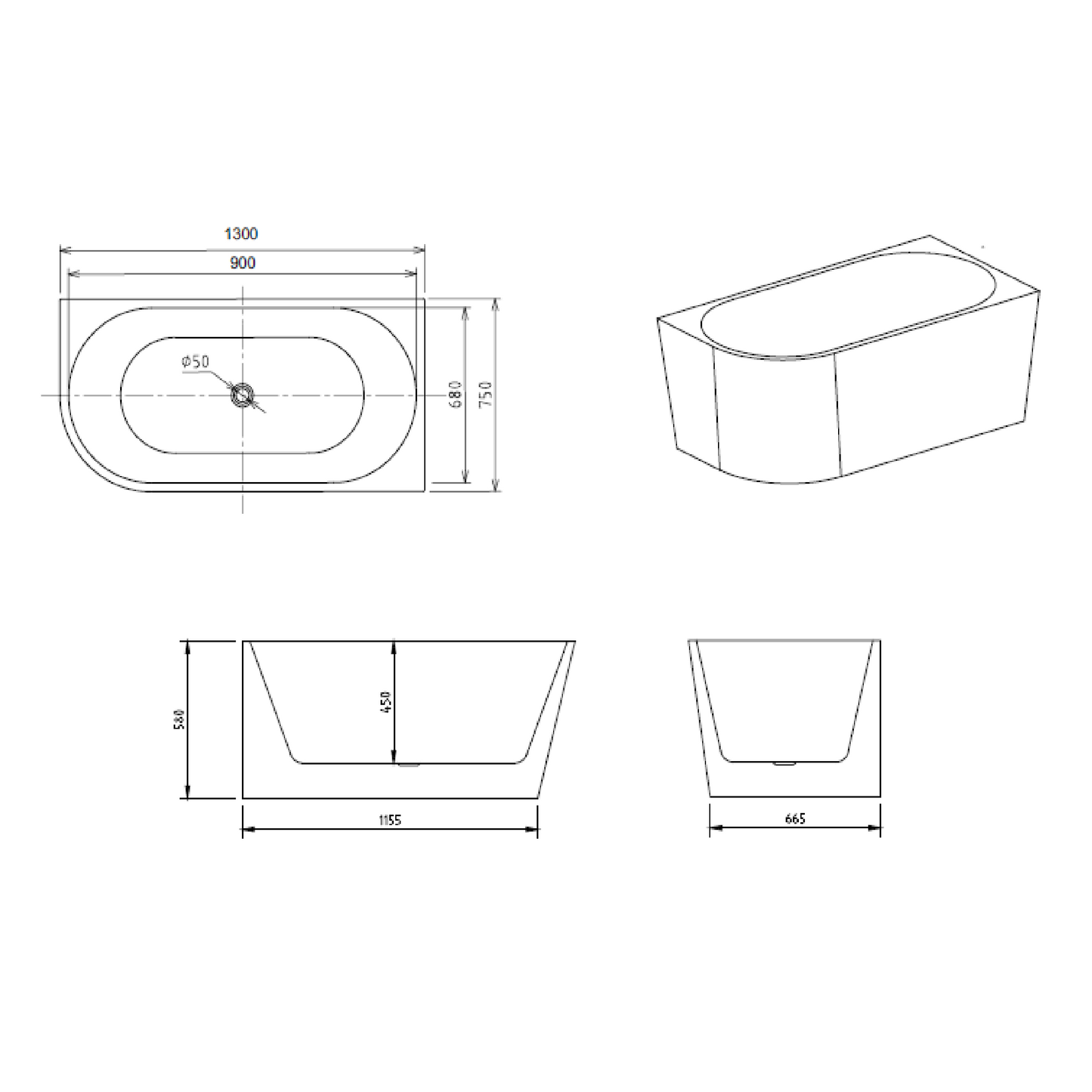MELA - NOOK 1300 Free Standing Bath Right Corner