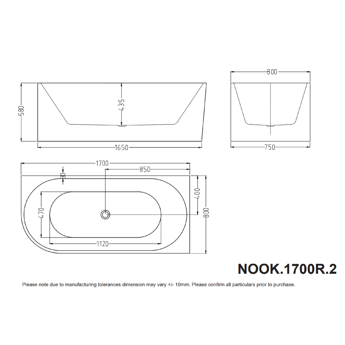 MELA - NOOK 1700 Free Standing Bath Right Corner