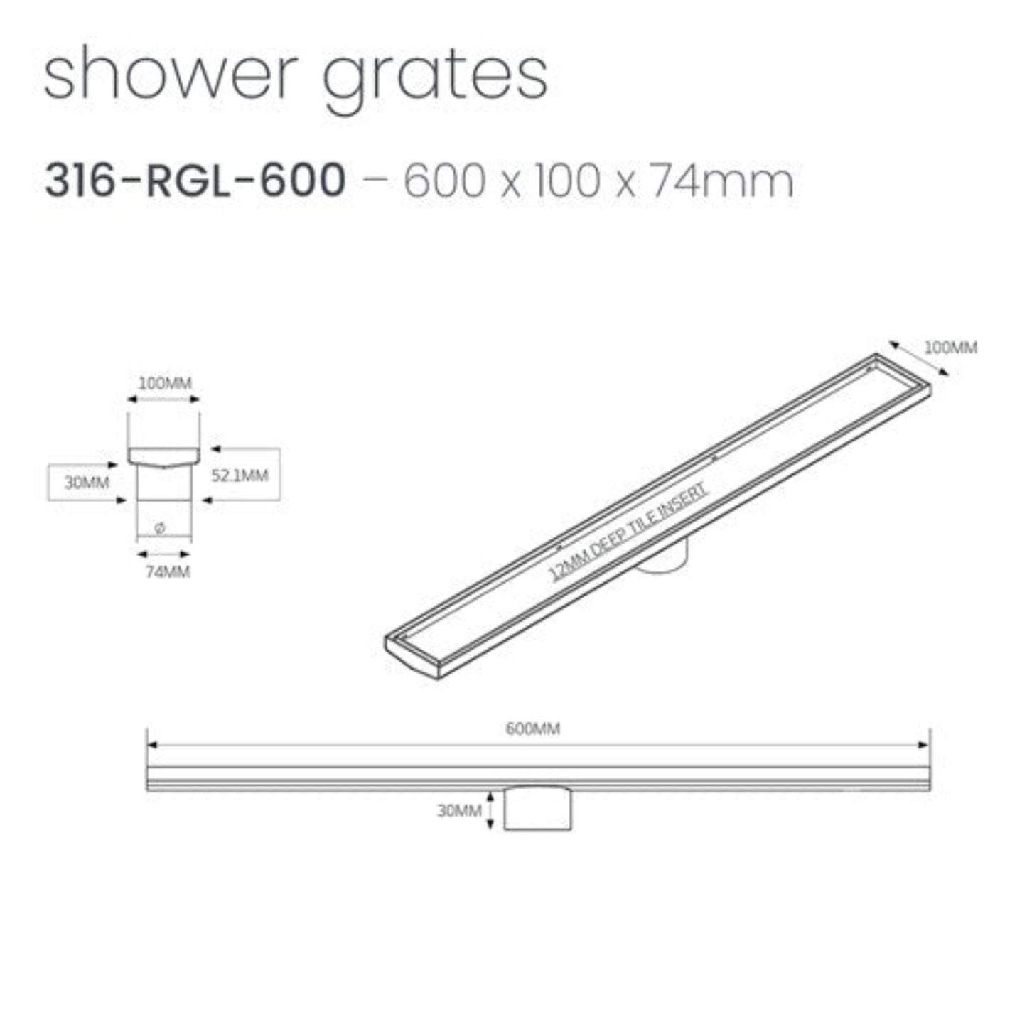 RADIANT - 600 LINEAR TILE INSERT FLOOR GRATE GUN METAL GREY
