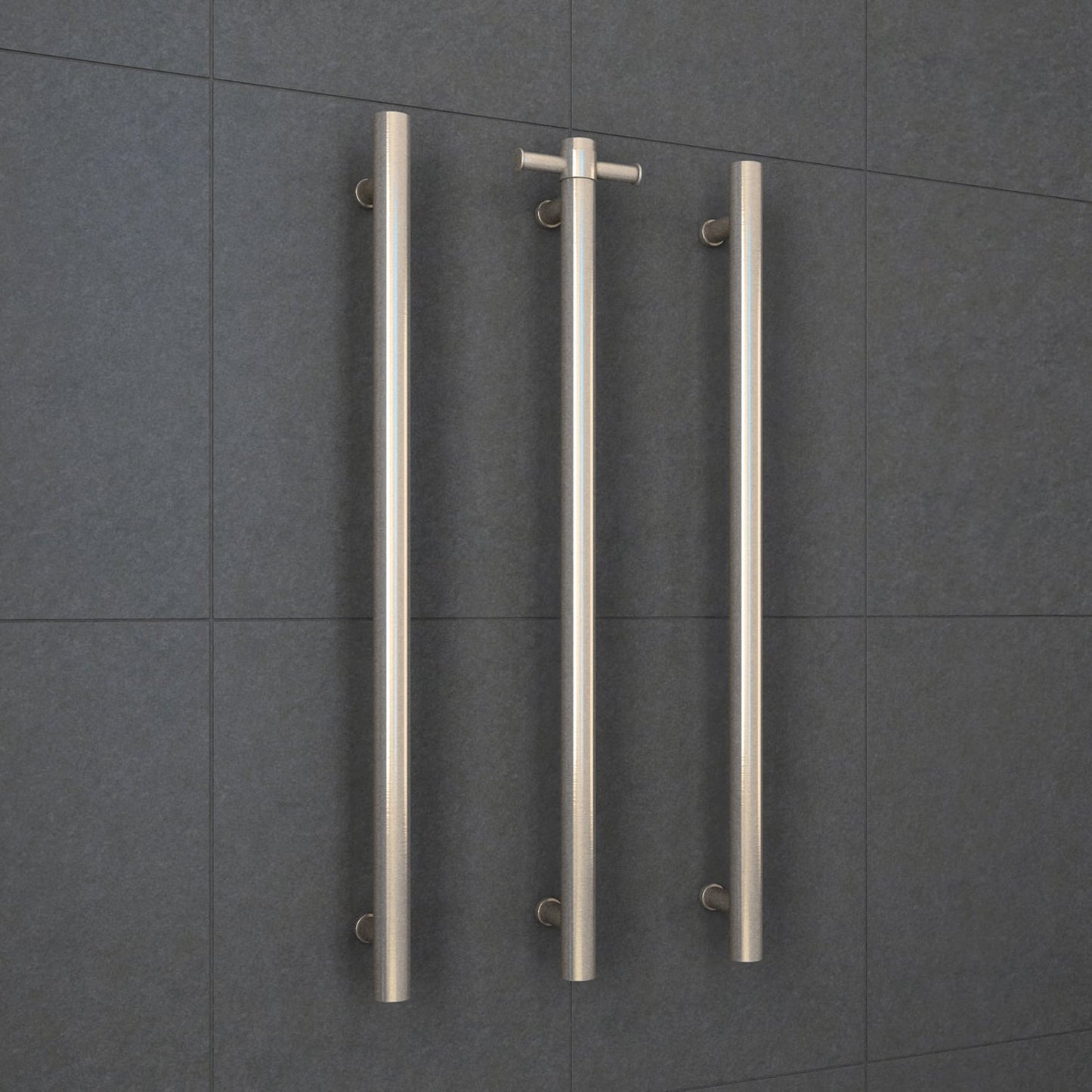 THERMORAIL - VS900HBN Brushed Nickel Straight Round Vertical Single Heated Towel Rail