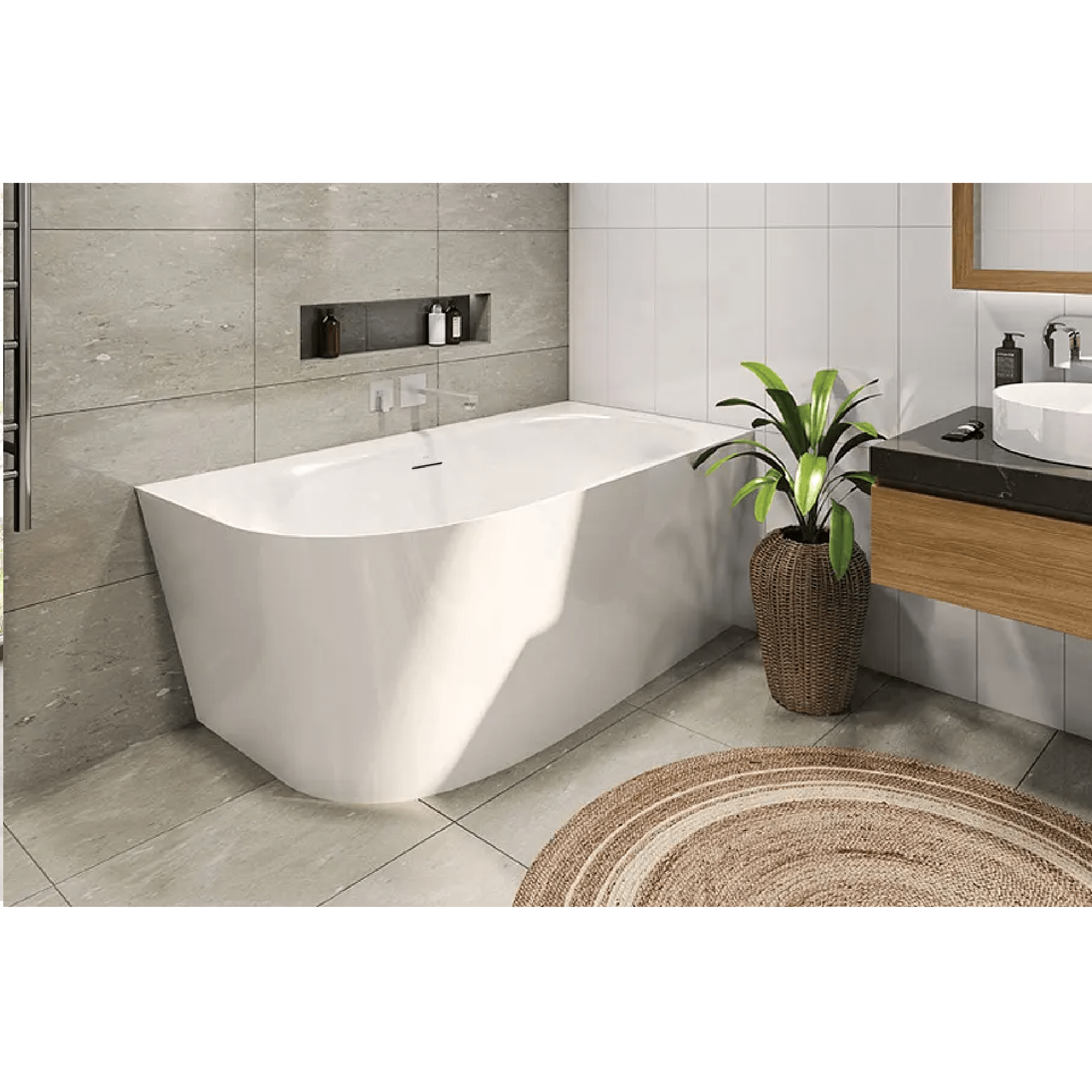 DECINA - Natalia 1500 Back to Corner Freestanding Bath with Integrated Overflow - Baths - from our - Decina - supplier–available at Bathroom City Perth